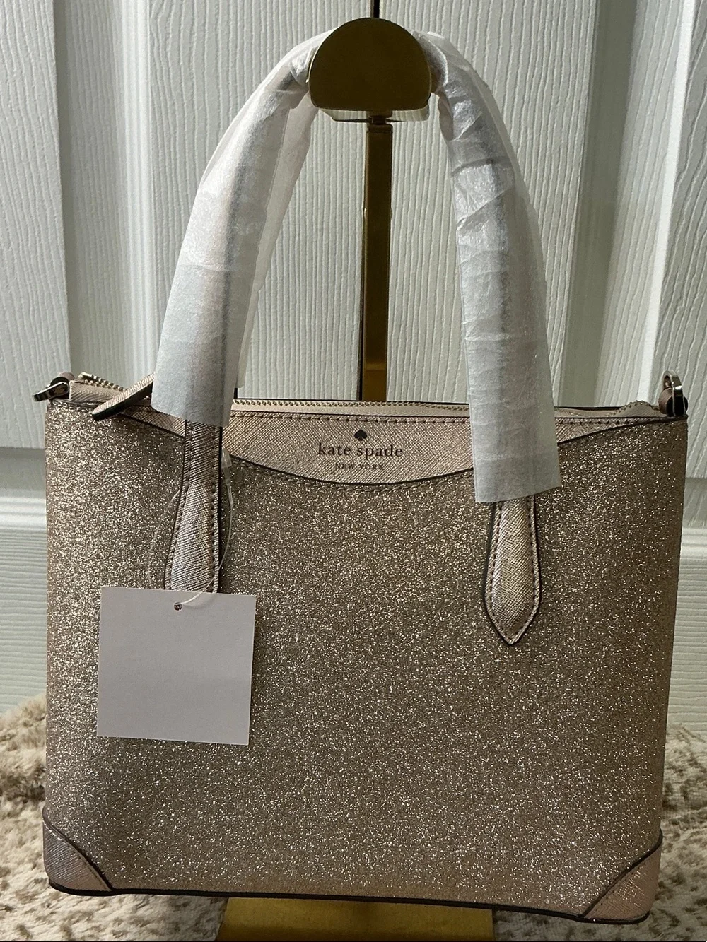 Kate Spade Shimmy Glitter Satchel (Style K4625) With Structured Top Handles.